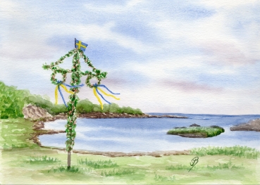 Poster DIN-A3 Folienmagnet Aquarell Kunst Druck Kunstdruck Schweden Sweden Sverige Mittsommer Mittsommerfest Midsommar